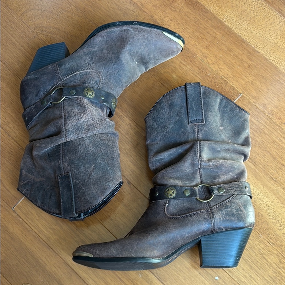 Brown slouchy leather cowboy boots
